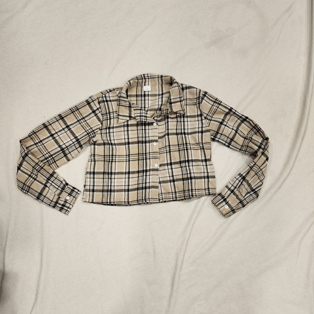Plaid Button-Up Cropped Shirt, youth size 13-14